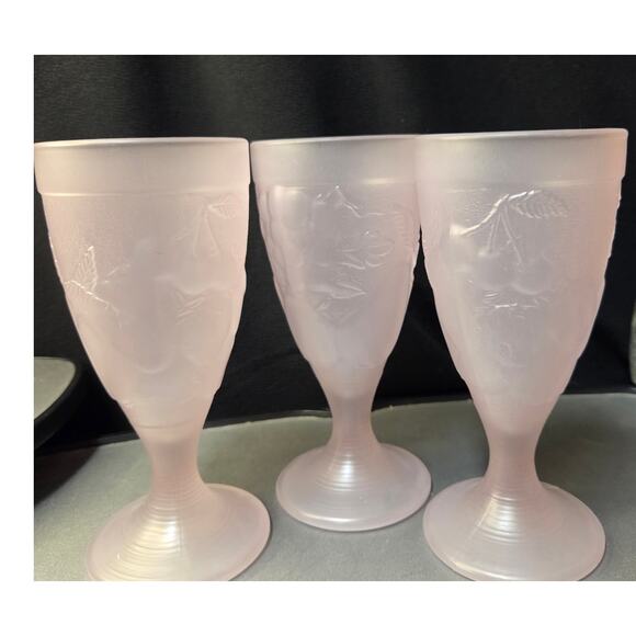 Vintage Pink Frosted Goblets Set of 3 Fruit Relief 6.75" Pressed Glass - Picture 1 of 6